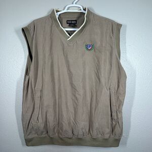 Tres Bien Vest Men 2XL Tan Pullover V-Neck Embroidered Sports Crest Welt Pockets